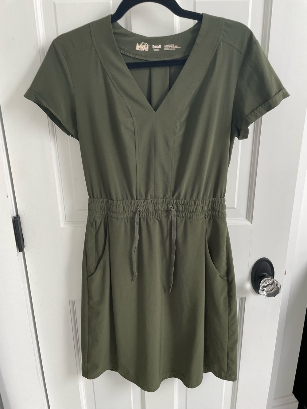REI Olive Green V-Neck Drawstring Mini Dress